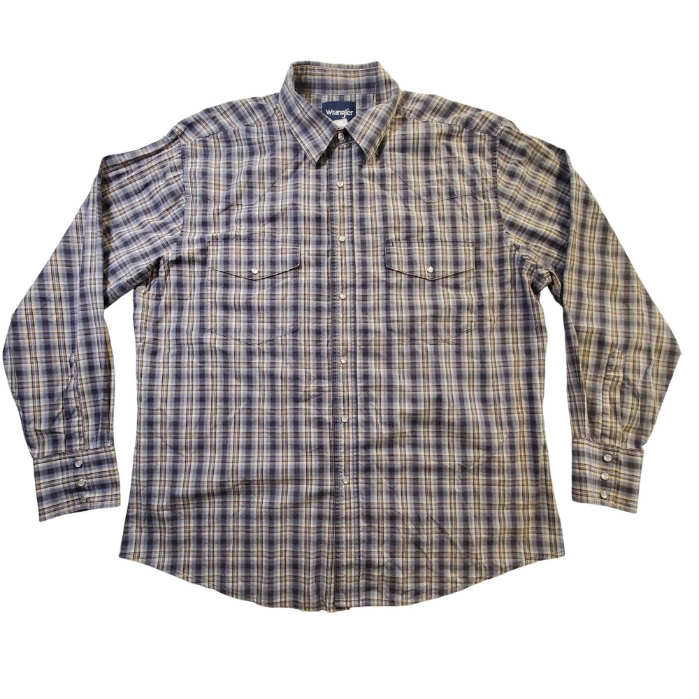 Vintage Wrangler Mens XXL Blue Plaid Pearl Snap Western Shirt Long Sleeve Cotton